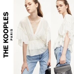 The Kooples -335 NWT Sweetie Flowing Top With Frills Sheer Blouse Cream 3/ Large